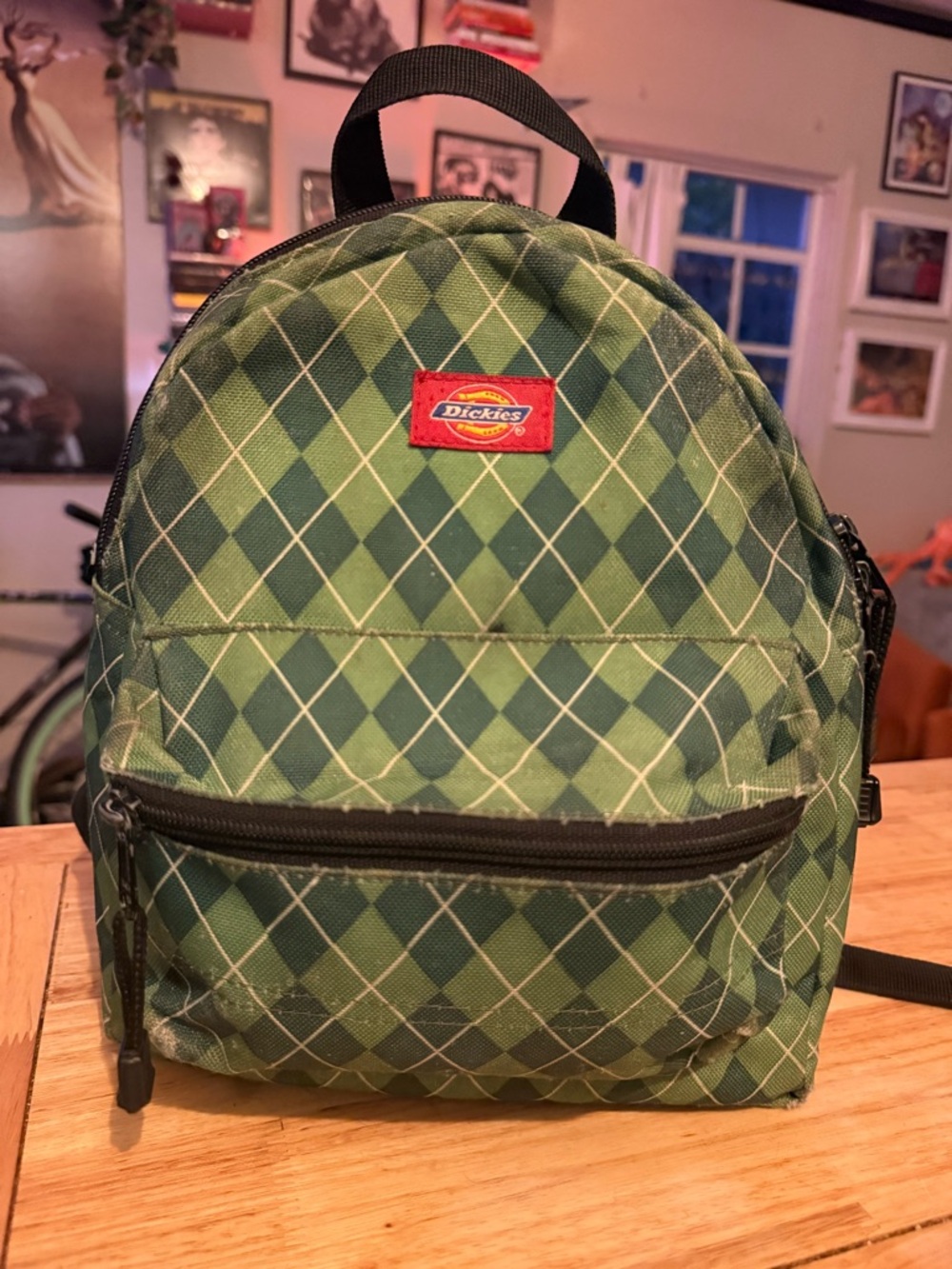 Dickies Green Argyle Mini Backpack with Front Zip Pocket